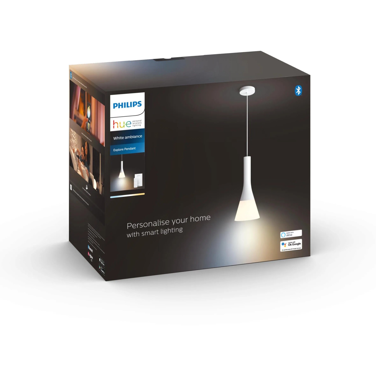 Verpackung der Philips Hue White Ambiance Explore Pendelleuchte in Weiß mit Dimmer.
