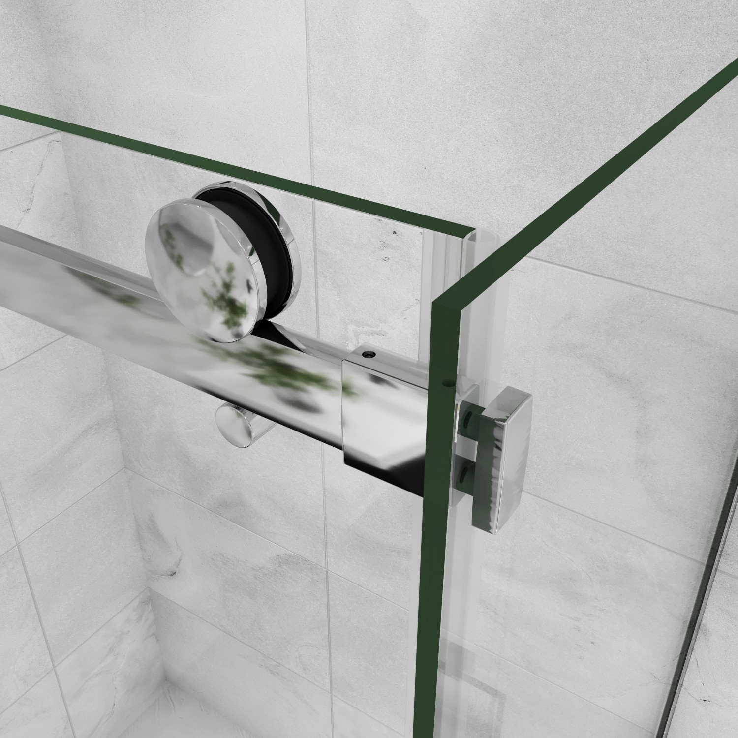 Detailaufnahme: AICA Duschkabine mit Schiebetür, Chromrahmen, 6mm ESG-Glas, Rollensystem.