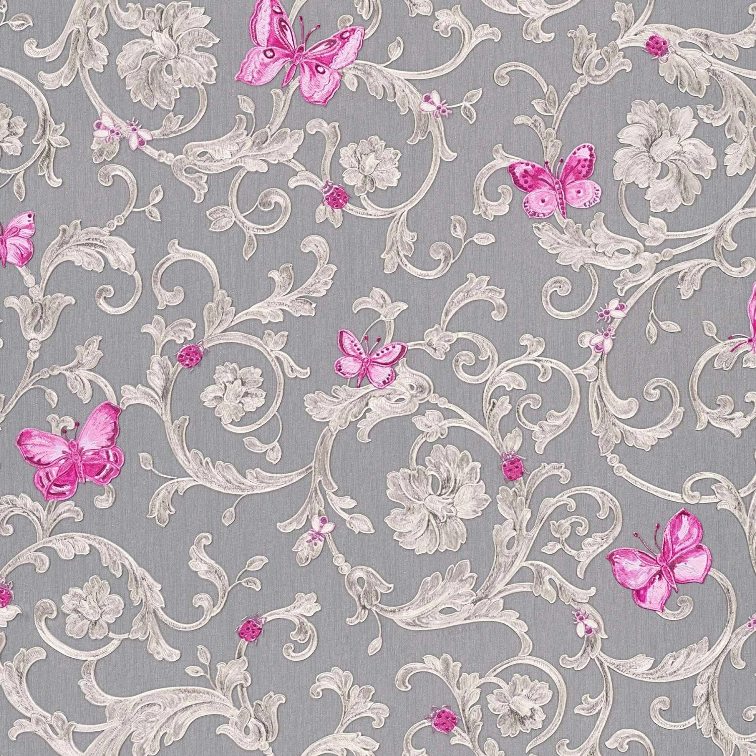 Bricoflor Romantische Tapete in Grau und Rosa Französische Barock Tapete mit Schmetterlingen Elegante Ornament Vliestapete Ideal für Schlafzimmer