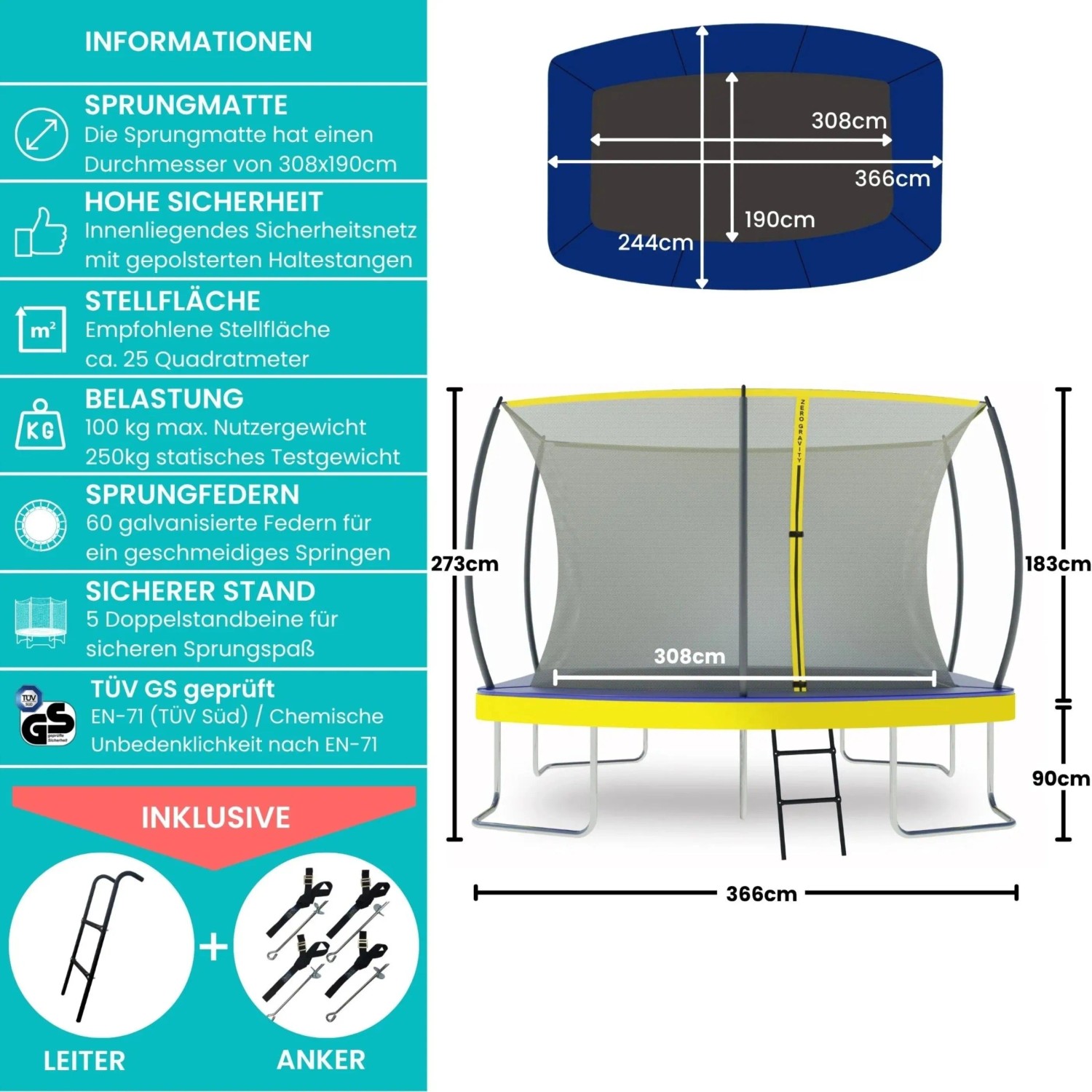 Rechteckiges Zero Gravity Gartentrampolin mit Sicherheitsnetz, Leiter und Bodenanker, 366x244cm.