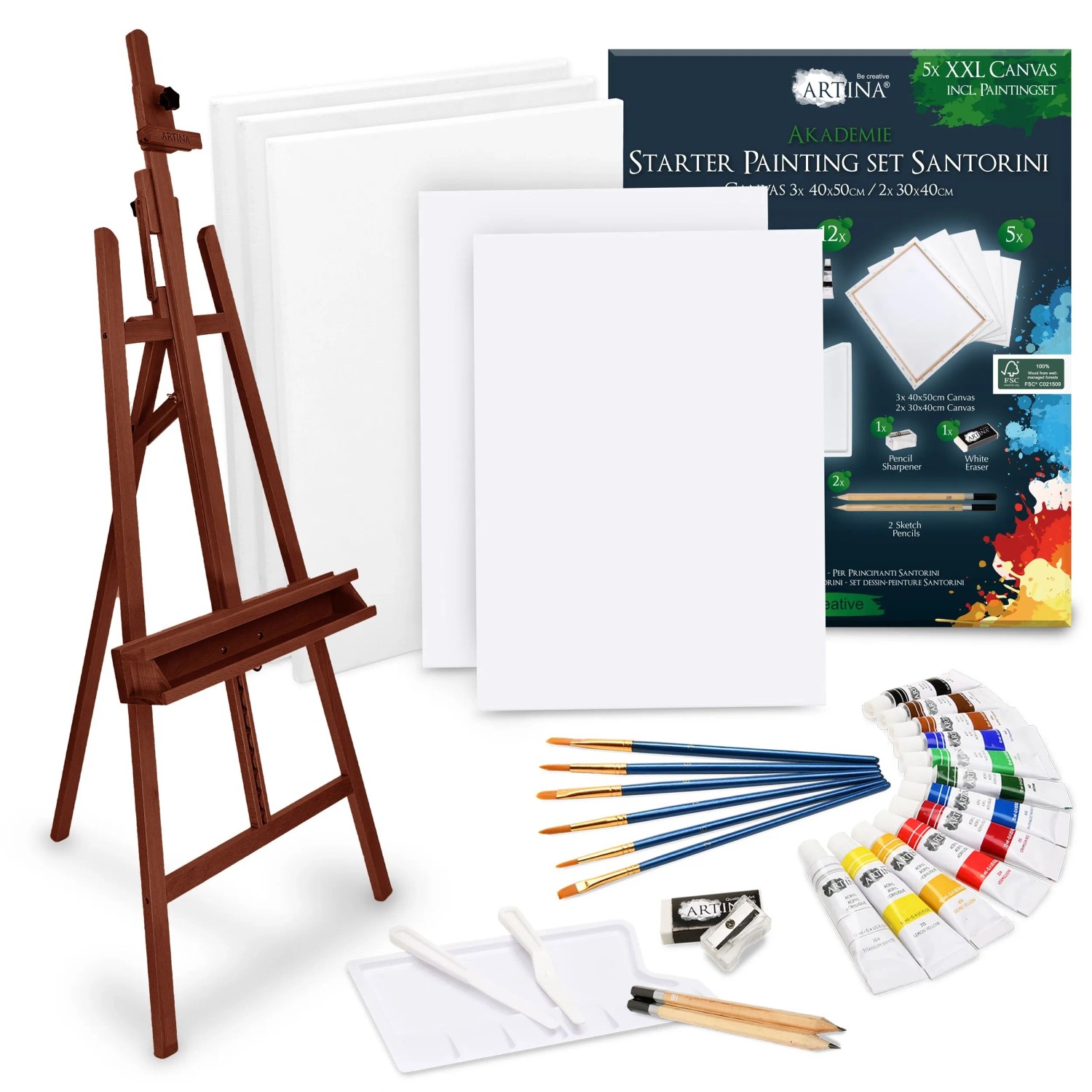 Artina Santorini Malset mit Barcelona Staffelei Nussbaum