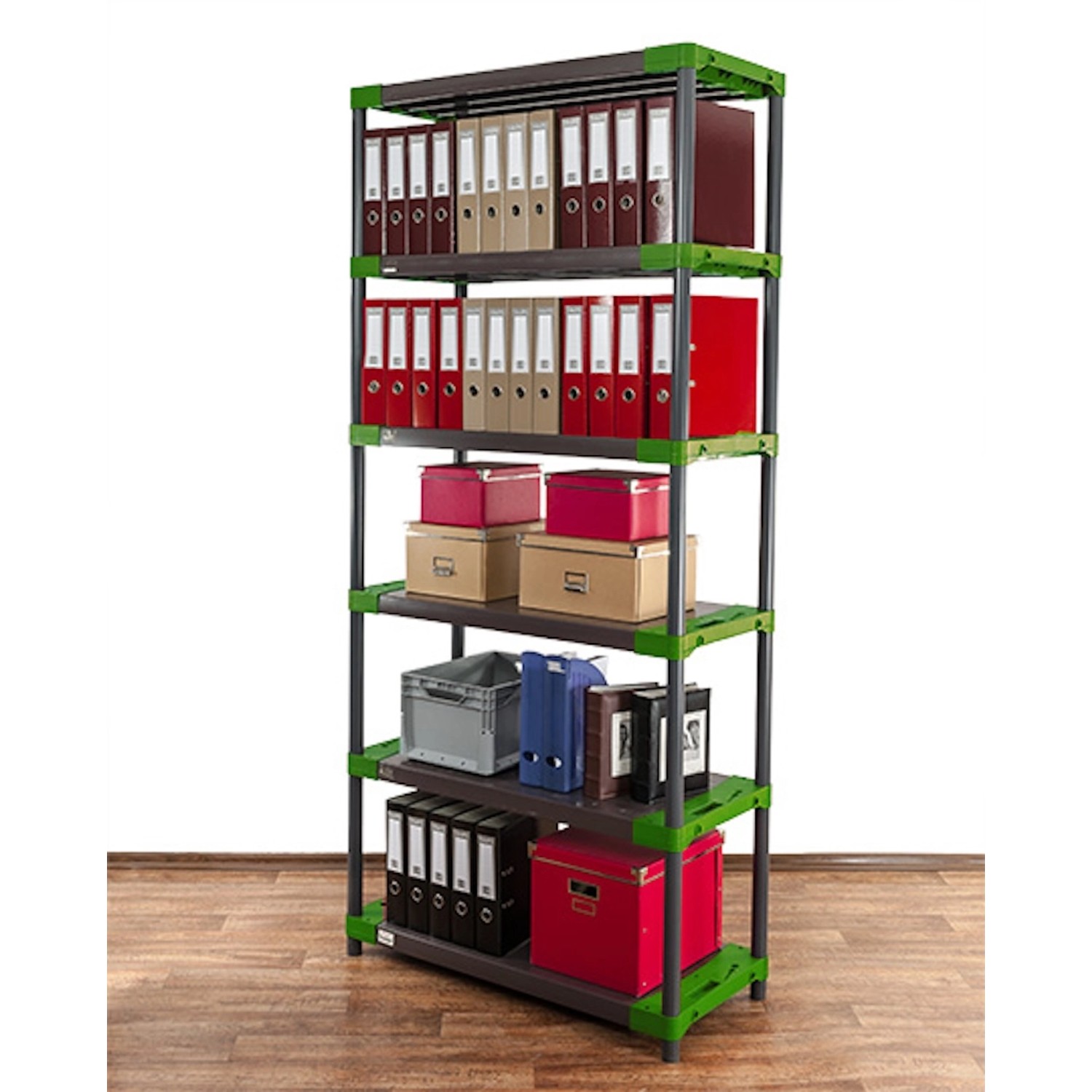 Hohes PROREGAL Kunststoffregal Grey Bear mit 6 Böden, grau/grün, beladen mit Ordnern und Boxen.