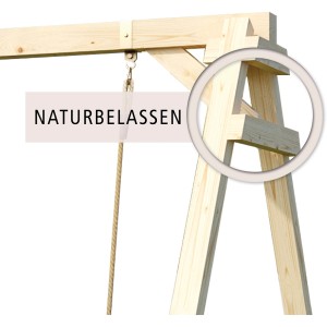 Detailaufnahme Karibu Doppelschaukel Anbau mit Klettergerüst aus naturbelassener Fichte.