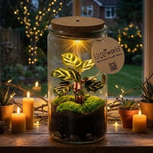 Vdvelde Mini Pflanzen Terrarium aus Glas mit beleuchteter Grünpflanze, Moos, Erde und Korkdeckel, gemütlich dekoriert.