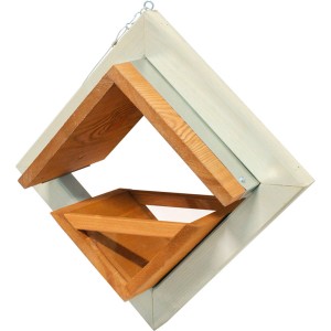 Modernes Vogelhaus aus Pinie mit Zinkdach und Aufhängevorrichtung. Graue und braune Farbtöne.