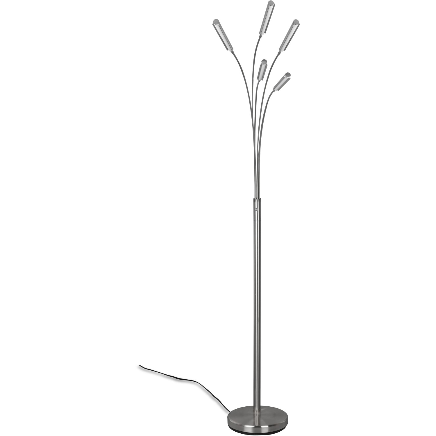 Moderne LED Stehleuchte Reed in Nickel matt mit fünf Leuchten für Wohnzimmer.