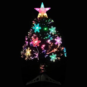 Schwarzer LED-Weihnachtsbaum (64 cm) mit bunten Schneeflocken und Fiberoptik für festliche Stimmung.