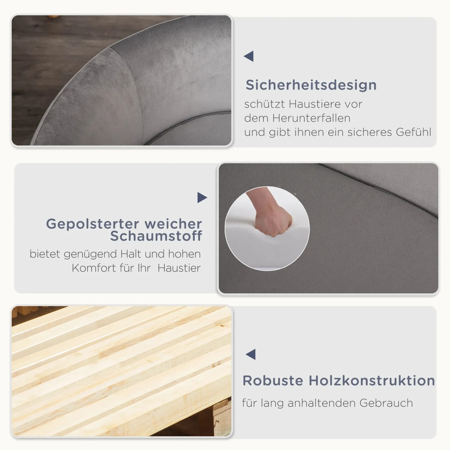 Details des PawHut Haustiersofas: Sicherheit, Polsterung und robuste Holzkonstruktion.