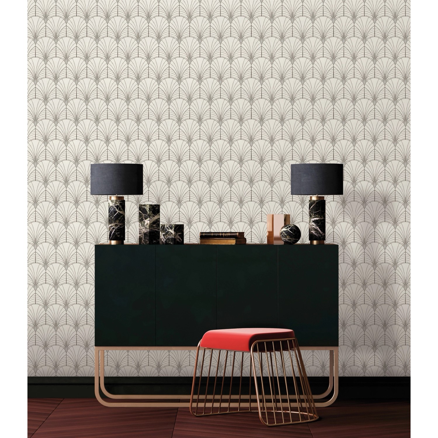 Erfurt Vliestapete Eco Deco Art Deco White: Wandgestaltung mit Jugendstil-Muster in Weiß und Schwarz.