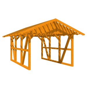 Skan Holz Carport Schwarzwald Eiche, Fachwerk-Bauweise mit Satteldach und Dachlattung.