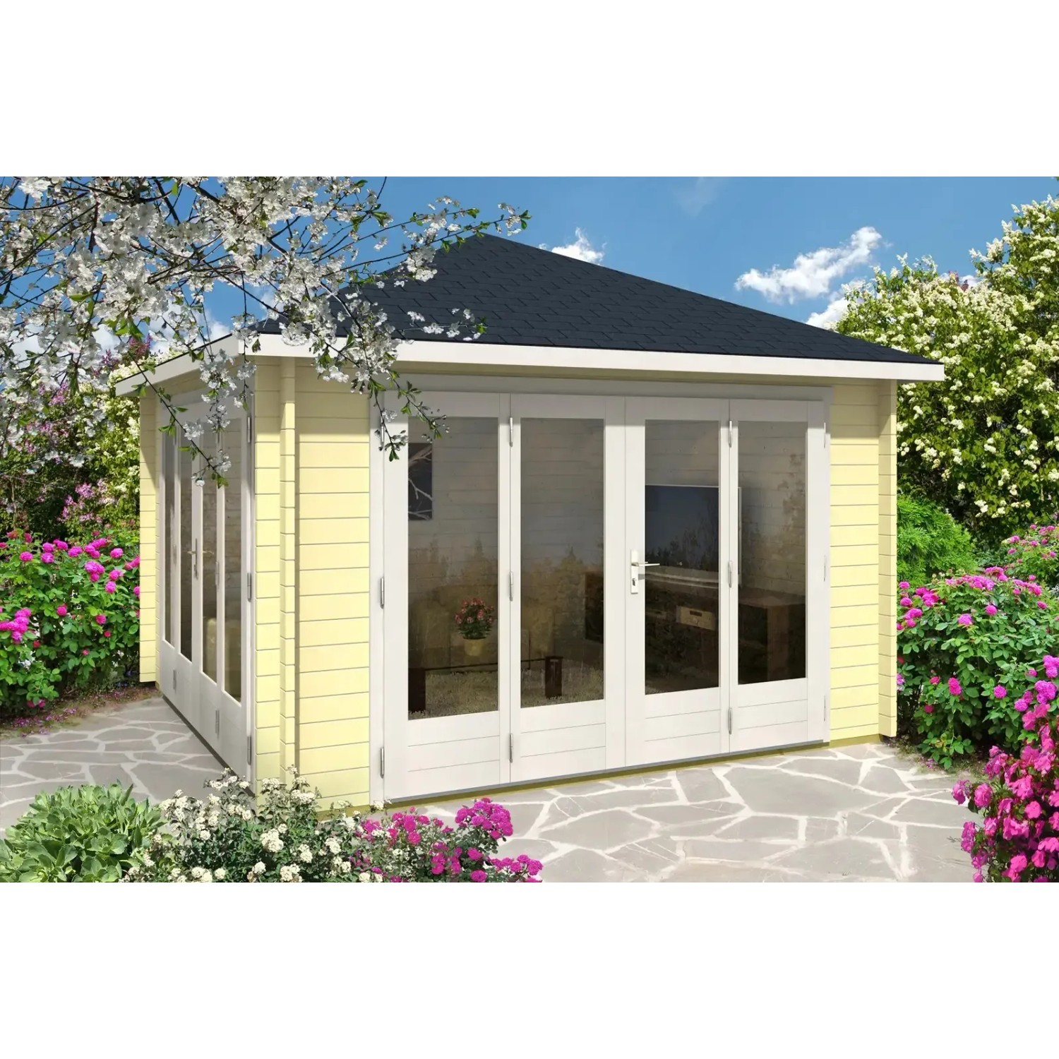 Unbehandeltes Alpholz Gartenhaus Sunshine mit Spitzdach und großen Fenstern im Garten.