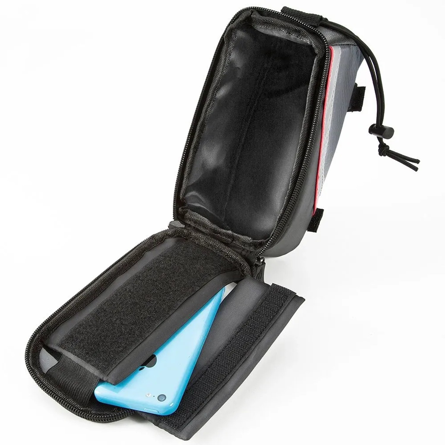 Offene, wasserabweisende Tectake Fahrradtasche mit Handyfach und Rahmenbefestigung in Schwarz, Grau und Rot.
