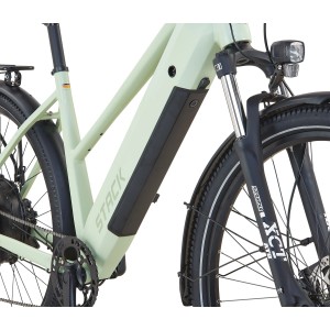 Prophete E-Bike ATB Stack 2.9, 29 Zoll, salbeigrün matt. Detailaufnahme von Rahmen, Federgabel und Reifen.