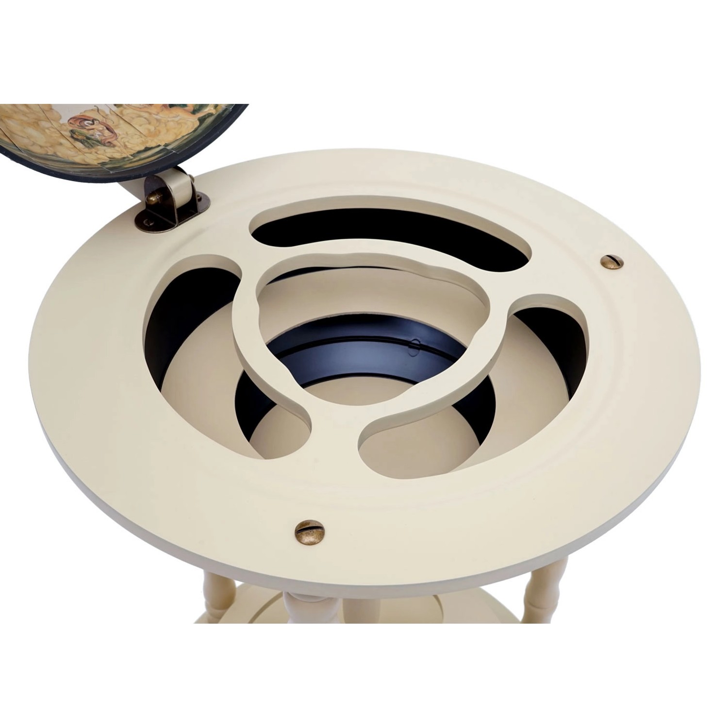 MCW Globusbar D83, Rollbar in Naturbraun, geöffnet. Weinregal mit Weltkarte und Flaschenhalter.