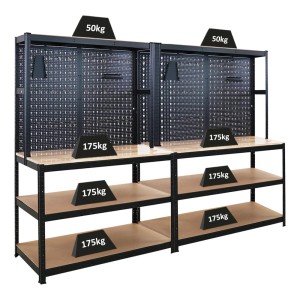 PROREGAL Werkbank Mega Deal: 2 Profi Werkbänke mit Lochwand, Werkzeughalter Set, 180x120x60cm, schwarz.