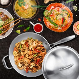 Relaxdays Wok Edelstahl Silber mit Deckel 23 cm x 60 cm x 32 cm 2,2 kg