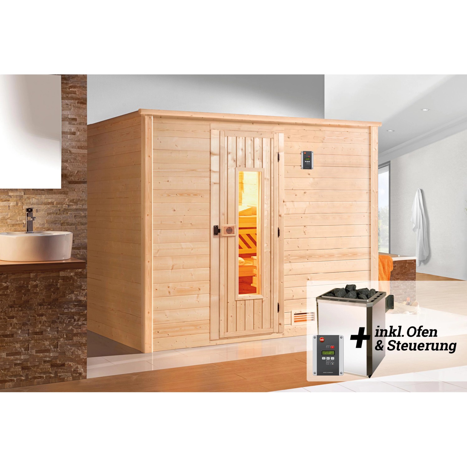 Weka Premium Massivholz-Sauna Bergen 3 Sparset 7,5 kW OS digi. Steuerung günstig online kaufen