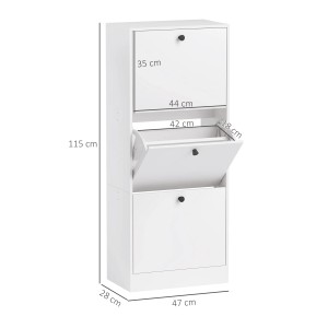 Weißer HOMCOM Schuhschrank aus Spanplatte mit drei Fächern, eines davon geöffnet.