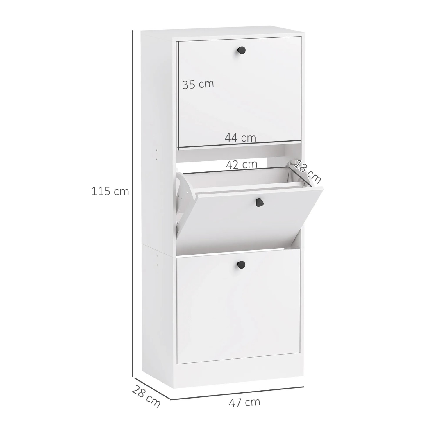 Weißer HOMCOM Schuhschrank aus Spanplatte mit drei Fächern, eines davon geöffnet.