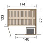 Grundriss der Weka Element-Ecksauna Varberg 2 mit Maßen, inklusive Ofen und Glastür.