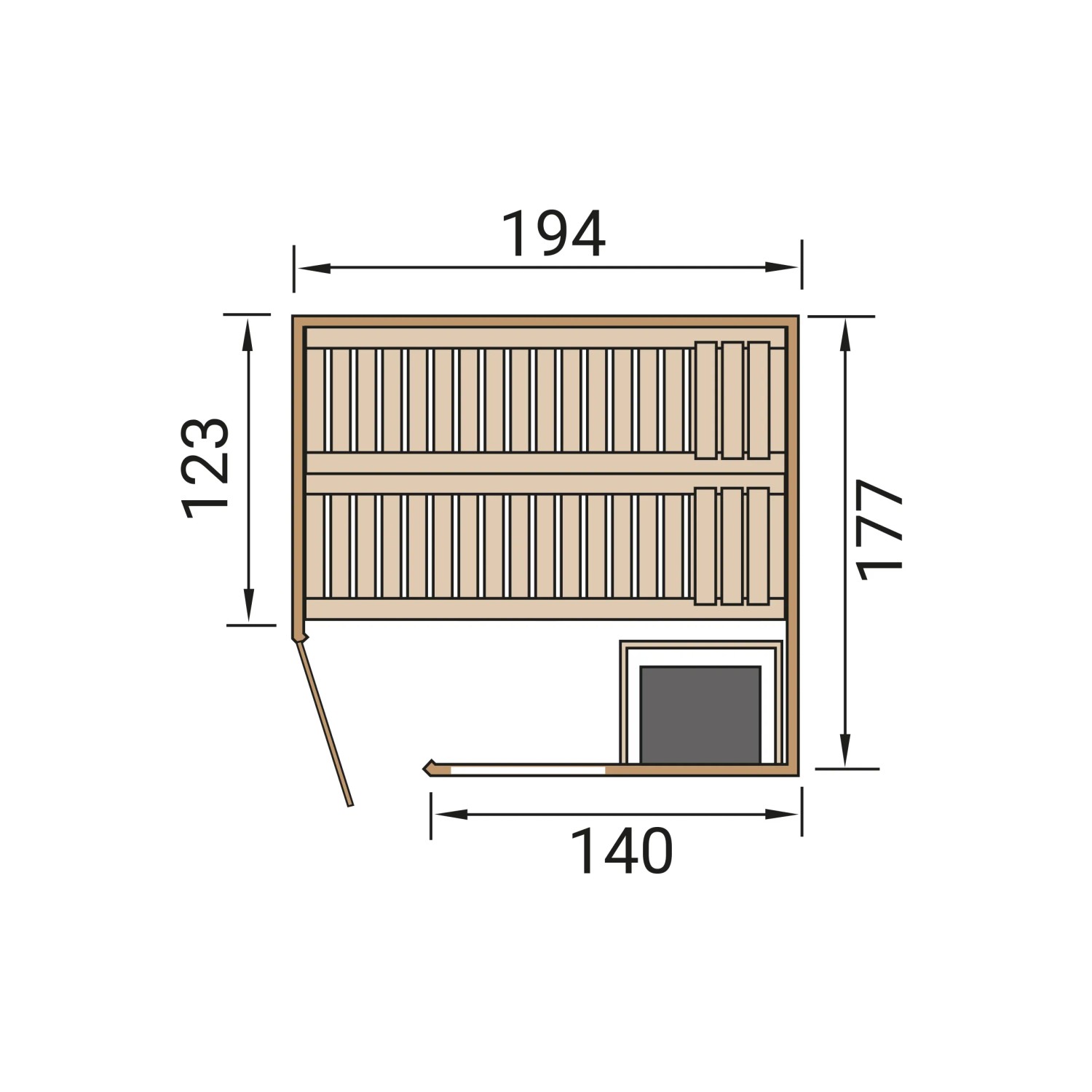 Grundriss der Weka Element-Ecksauna Varberg 2 mit Maßen, inklusive Ofen und Glastür.