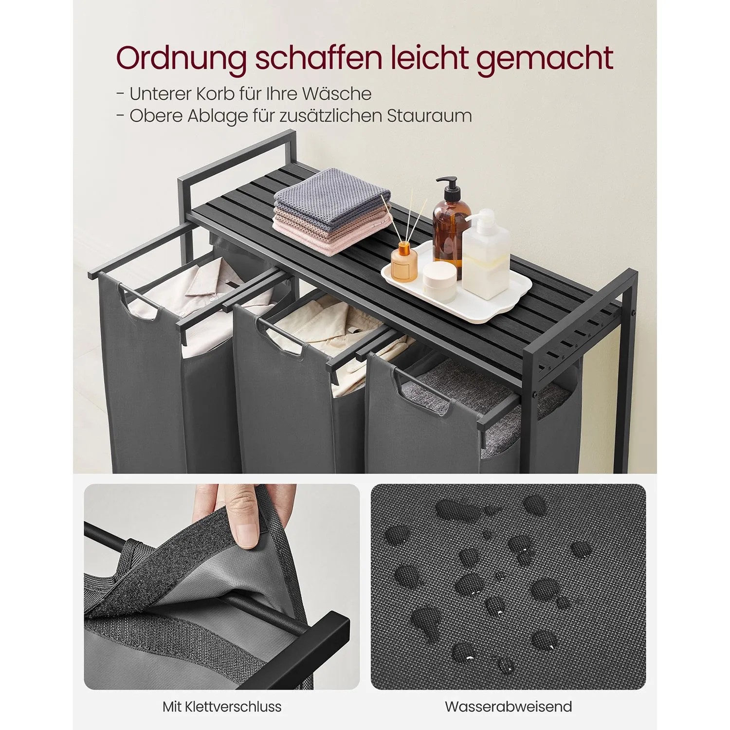 Vasagle Wäschetruhe 3 Fächer Ablage 92,5 x 33 x 72 cm 114 l Schwarz-Grau kaufen bei OBI