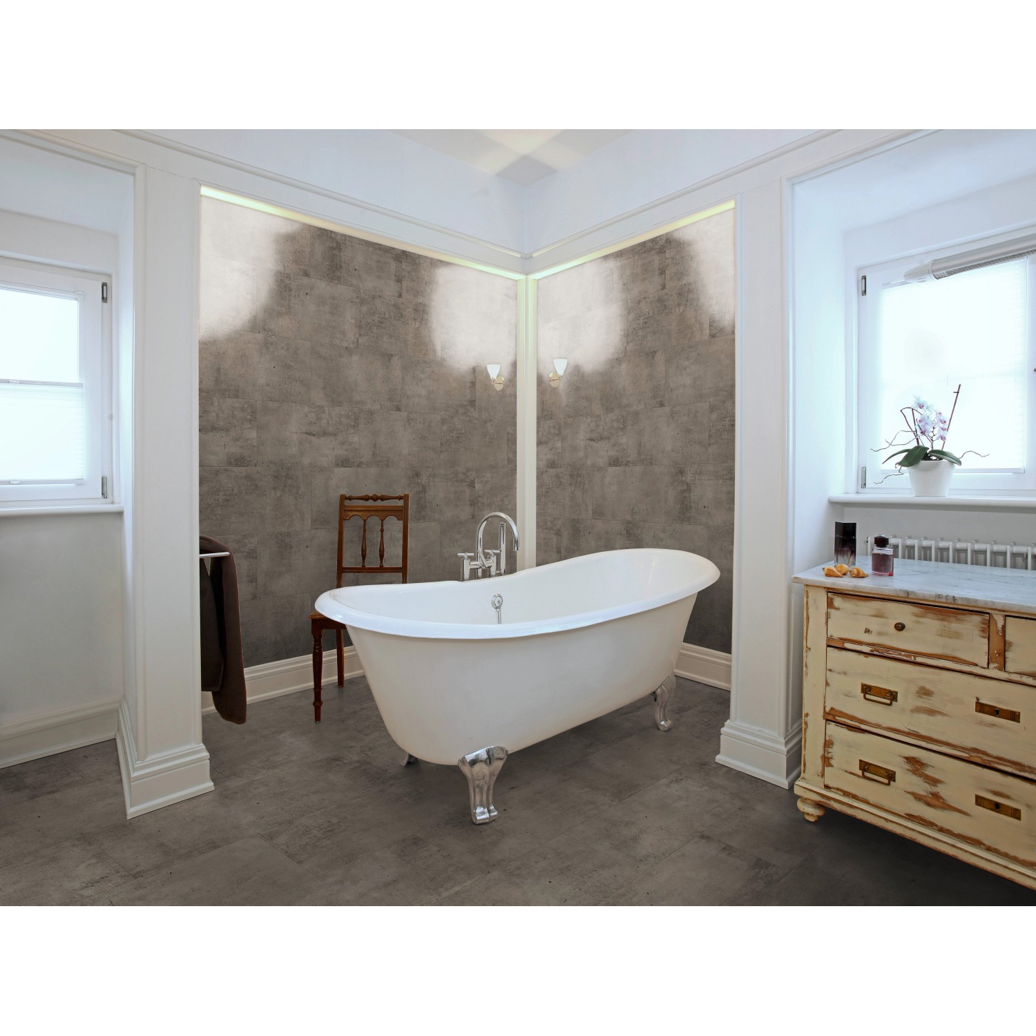 Badezimmer mit Classen Ceramin Fliesen Neo Vario Prima in Steinoptik als Wand- und Bodenfliese.