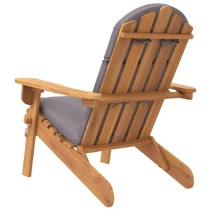 Adirondack Gartenstuhl aus Akazienholz mit grauen Kissen, Rückansicht.