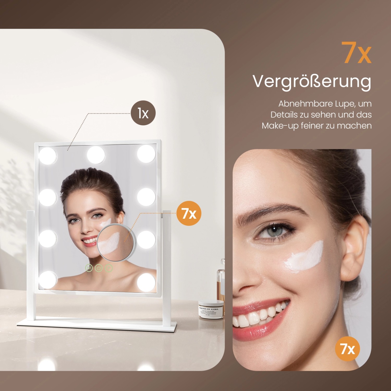Emke Hollywood Kosmetikspiegel mit 1x/7x Vergrößerung und Beleuchtung.