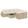 Beige 9-tlg. vidaXL Garten-Sofagarnitur aus Rattan mit cremeweißen Kissen und Tisch.