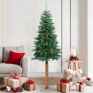 Schlanker grüner künstlicher Weihnachtsbaum 180 cm mit Echtholzstamm und Zapfen, ideal für festliche Dekoration.