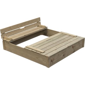 SwingKing Sandkasten Robert, 120x120 cm, mit imprägniertem Holz und klappbarer Sitzbank.