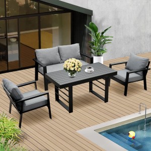 Schwarze MeXo Aluminium Dining Lounge Gartenmöbel mit Esstisch für 4 Personen.