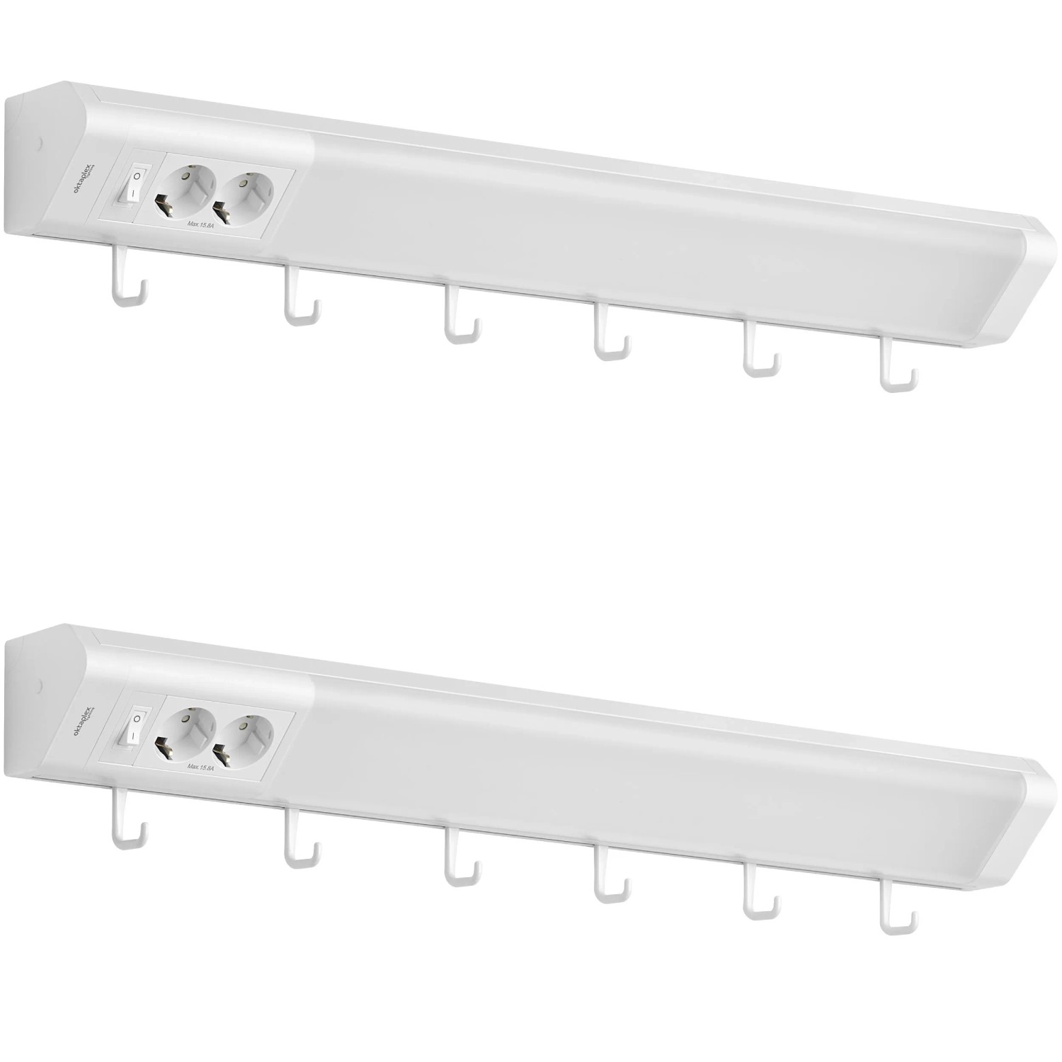 Oktaplex Talin 2er Set LED-Unterbauleuchte Küche 76 cm 14,8W Warmweiß 3000K mit 2 Steckdosen und Schalter 6 Haken Weiß