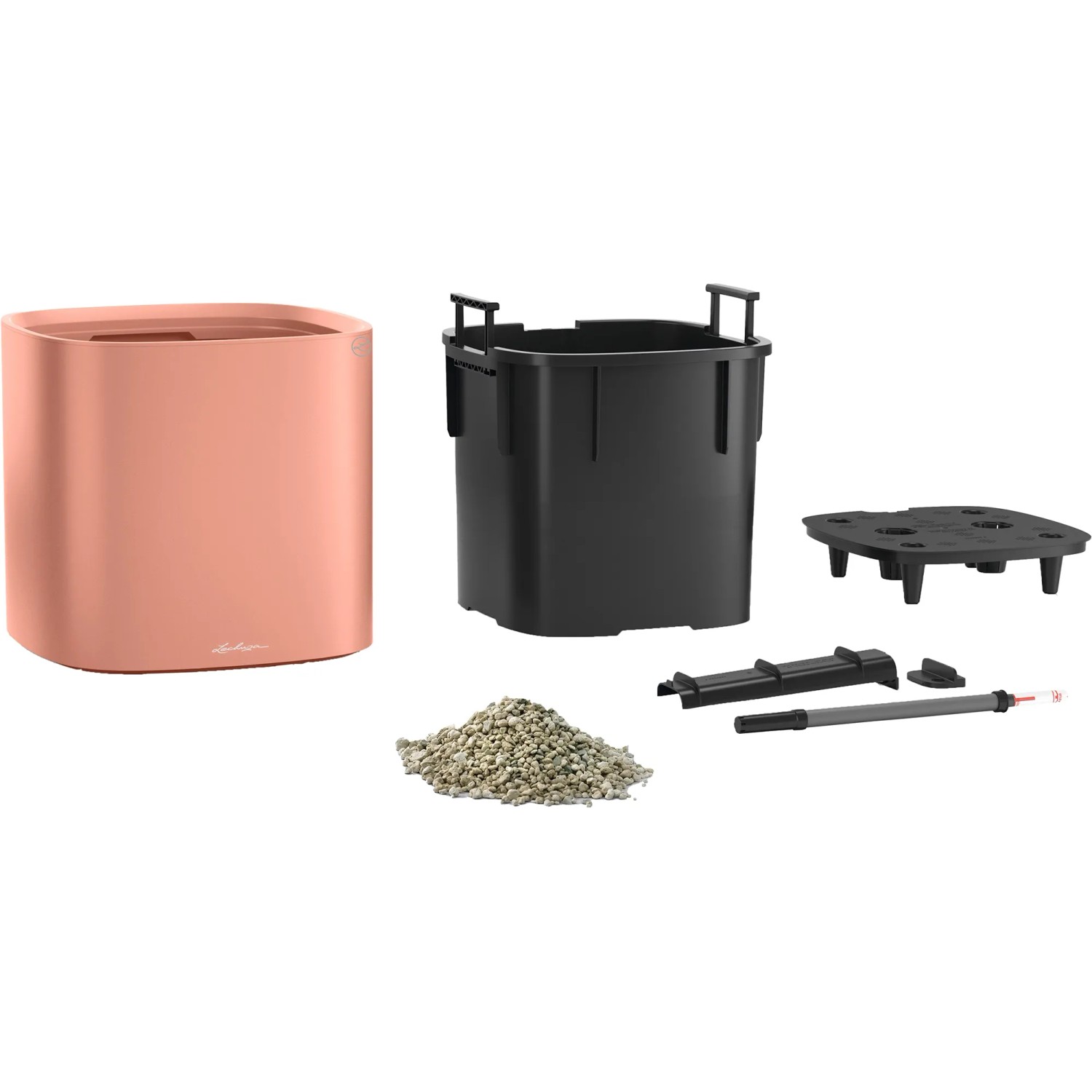 Lechuza Pila Color Pflanzgefäß, korallrot, 35x35x33cm, mit Zubehör und Bewässerungssystem.