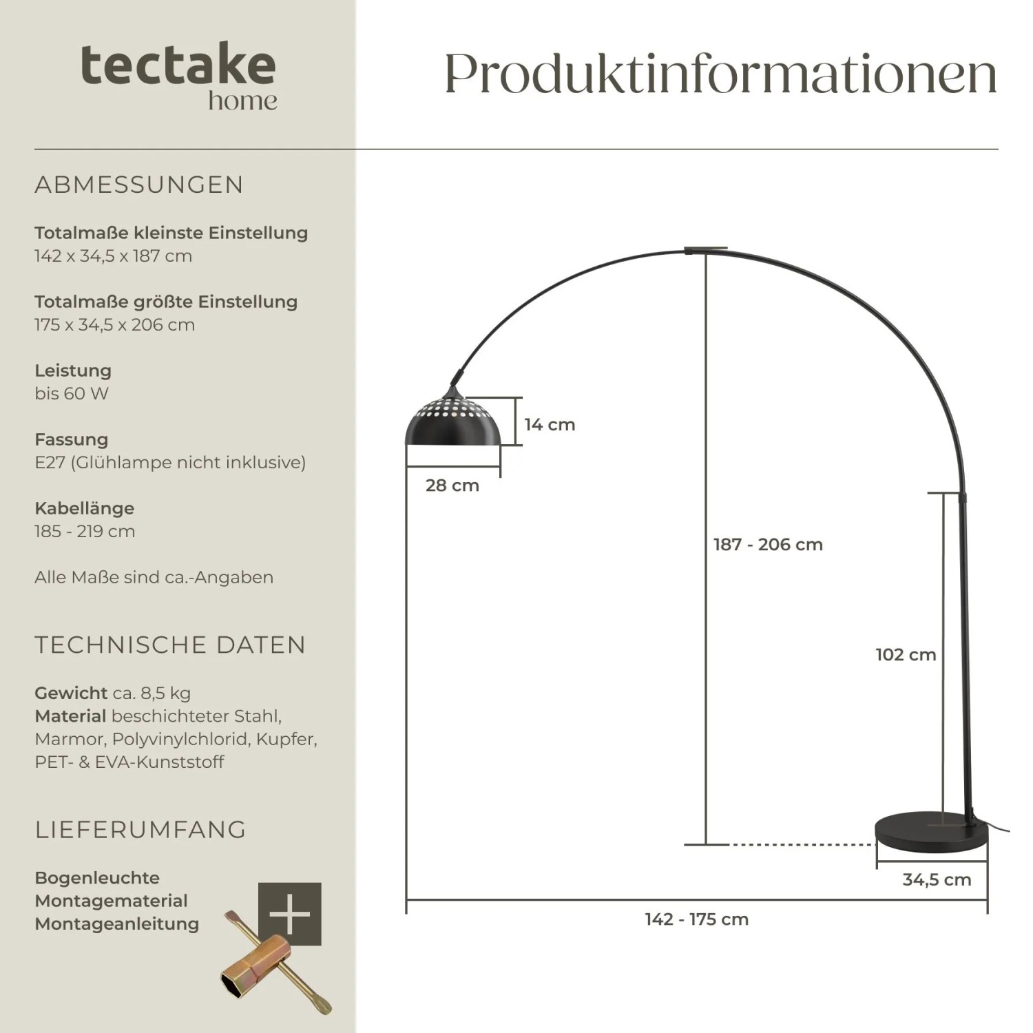 Schwarze Tectake Arcus Bogenleuchte im 70er Jahre Retro Stil. Höhenverstellbare Stehleuchte aus Stahl mit perforiertem Schirm.