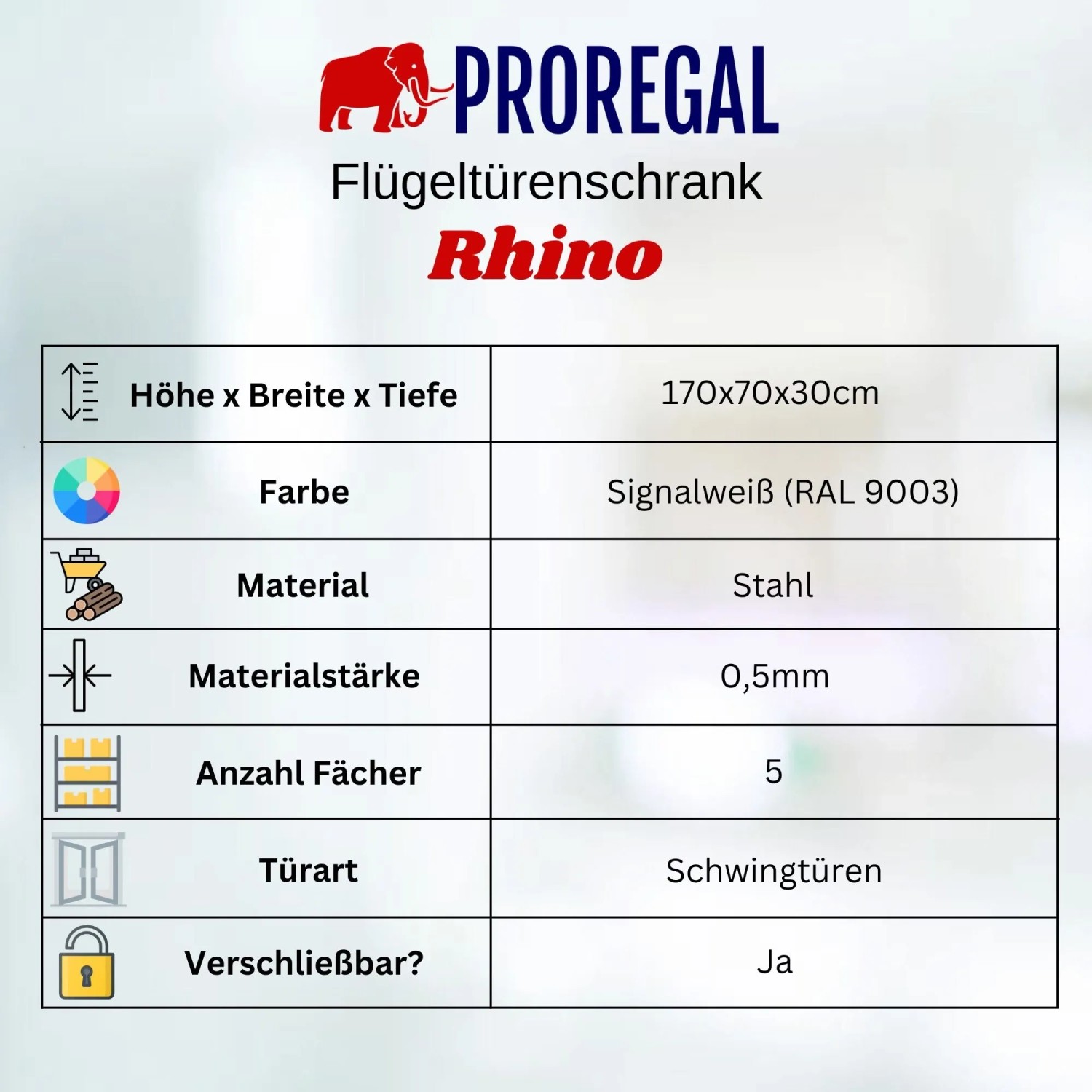 PROREGAL Flügeltürenschrank Rhino Mit 2 Türen Abschließbar HxBxT 170x70x30cm 5 Fächern & Kleiderstange Stahl Pulverbeschichtet Weiß Putzmittelschrank_9
