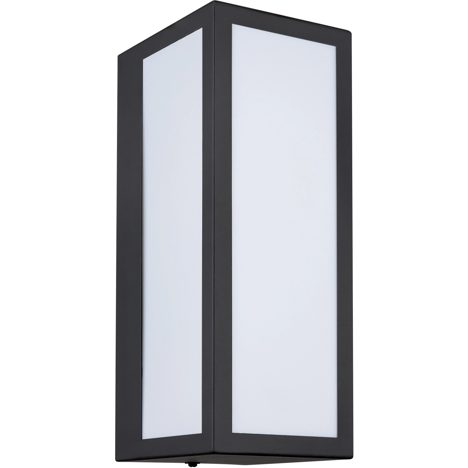 Moderne, schwarze Globo Außenwandleuchte mit opalem Glas, 120x320 mm. Ideal für den Außenbereich.