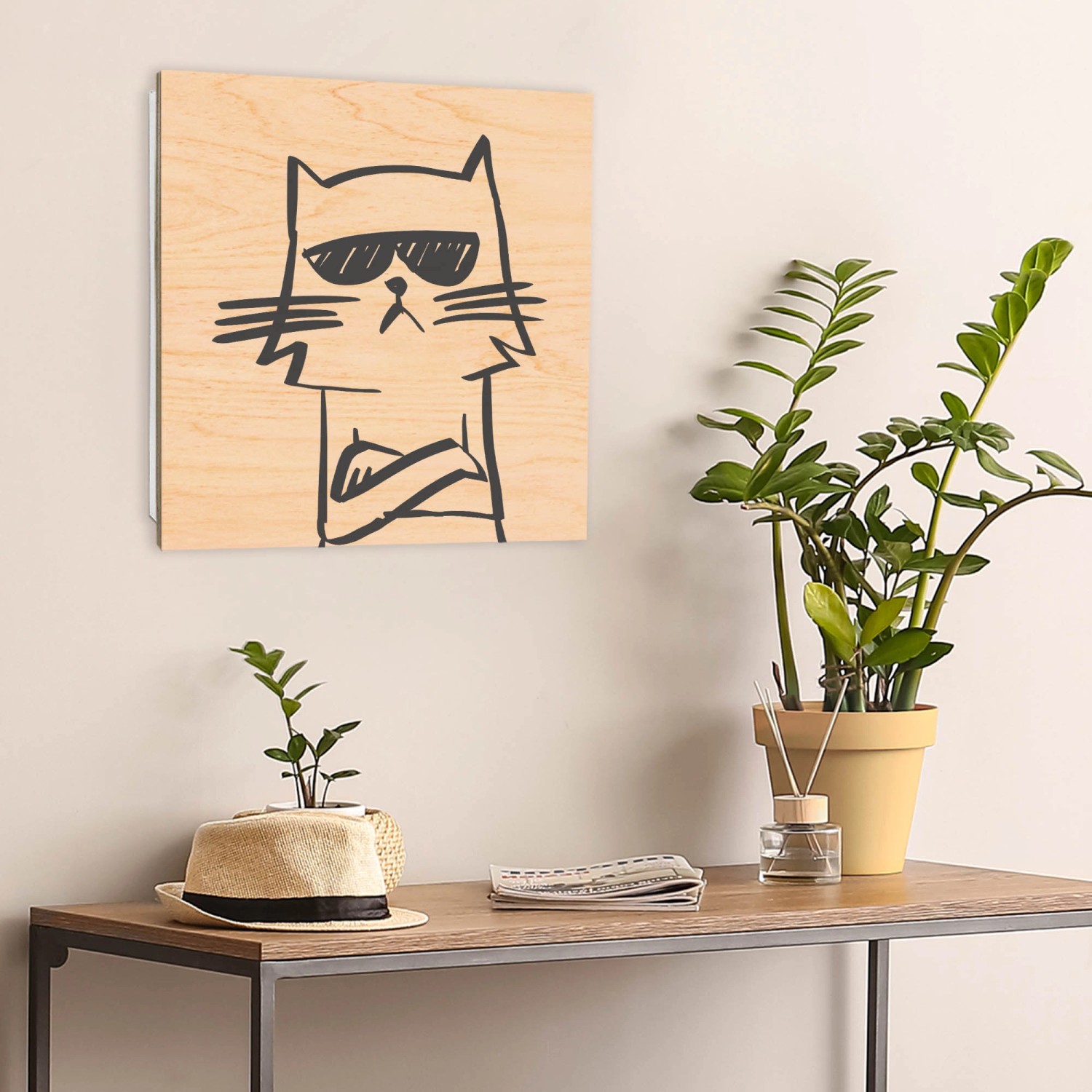 Banjado Schlüsselbox mit Katzenmotiv, 30x30cm, weiß. Schlüsselkasten mit 50 Haken für Garderobe.