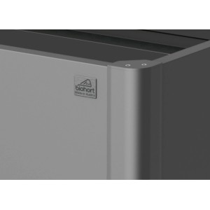 Detailansicht: Dunkelgraues Biohort Metall-Hochbeet, Eckbereich mit Logo.