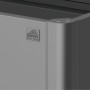 Detailansicht: Dunkelgraues Biohort Metall-Hochbeet, Eckbereich mit Logo.