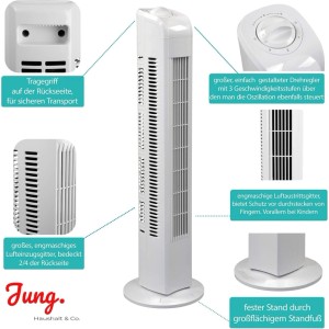 JUNG TVE21 Turmventilator, 76cm, weiß, mit 75° Oszillation, 3 Stufen, kindersicheren Gittern und stabilem Standfuß.