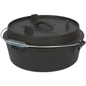 Schwarzer El Fuego Dutch Oven aus Gusseisen, 5,6 l Topf, 1,7 l Deckel, mit Tragebügel. Grillutensil für Outdoor-Küche.