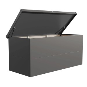 Geöffnete, anthrazitfarbene Auflagenbox Nevio 180 (185x85 cm) zur Kissenaufbewahrung im Garten.