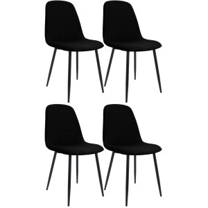 4er Set Esszimmerstuhl Maryam: schwarze Stoffstühle mit gepolsterter Rückenlehne und matt schwarzen Metallbeinen.