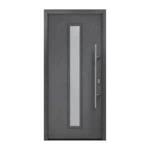 Moderne EcoStar Haustür Isopro IP 020S in Anthrazitmetallic mit Glasausschnitt und Edelstahlgriff.