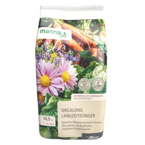 Sack Manna Bio-Langzeitdünger Orgalong 10,5 kg mit Gemüse, Blumen und Karotten aufgedruckt.