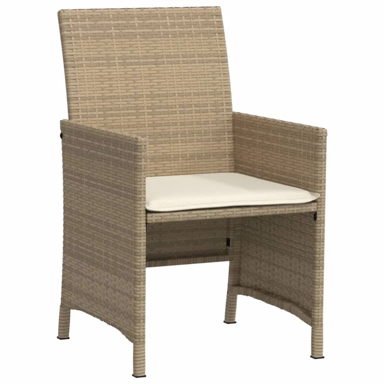 Beiger Gartenstuhl aus Polyrattan mit cremeweißem Kissen, Teil des vidaXL Bistro-Sets.