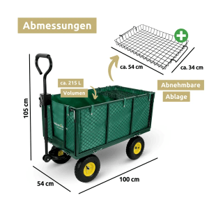 deluxe4home Bollerwagen, grüner Transportwagen mit Maßen und Zubehör.