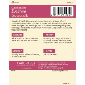 Pabst Keimkraft Zucchini Coucourzelle Saatgut Packung mit Infos zu Aussaat, Kultur und Ernte.